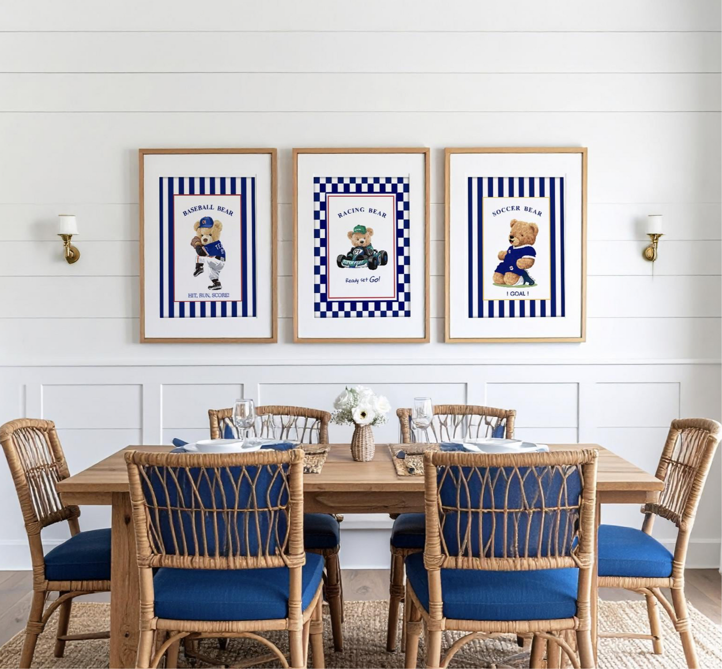Bear Wall Art Set of 3 Striped Artwork Sport Themed Prints