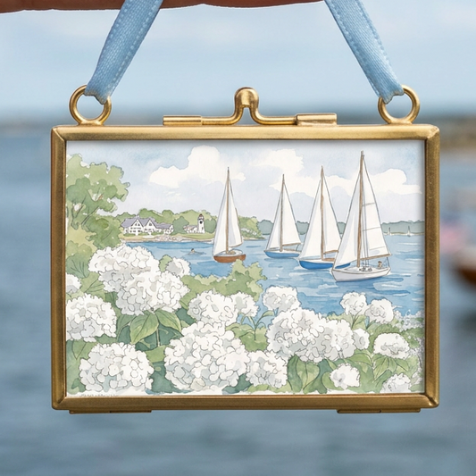 Nantucket Harbor Sailboat Watercolor Art Mini Brass Hanging Frame White Hydrangea Coastal Wall Art
