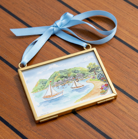Cape Cod Coastal Wall Art Mini Brass Hanging Frame Saltwater Summer Watercolor Print Nautical Beach House Decor