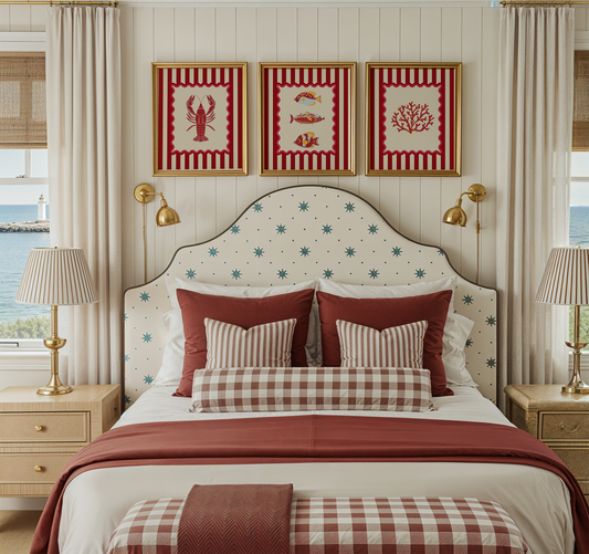 Lobster, Sardines & Coral Wall Art. Gallery Print Set of 3 - Nantucket Red