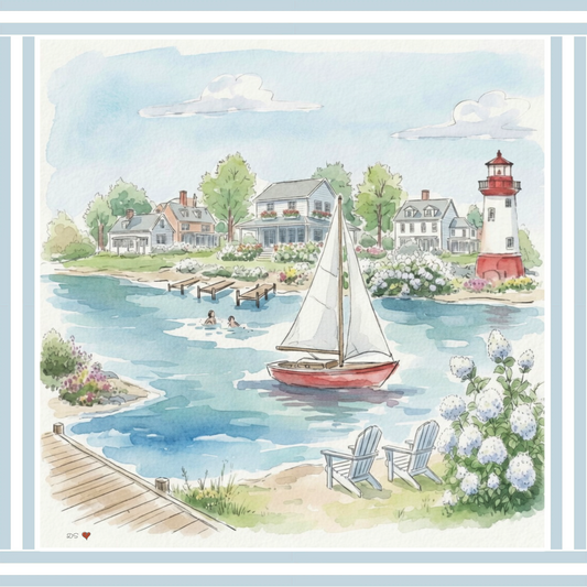 New England Art Print Coastal Watercolor Wall Decor Lighthouse, Sailboat & Beach House Artwork