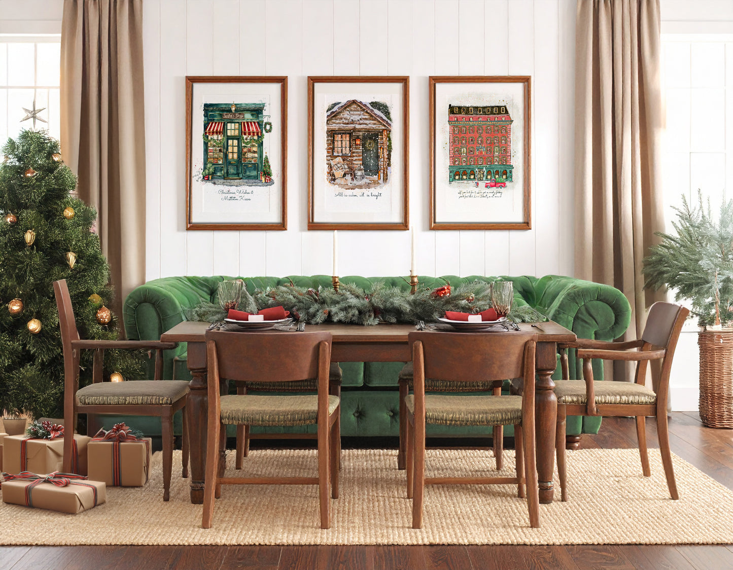 Alpine Cottage Holiday Art, Snowy Christmas Cottage Illustration