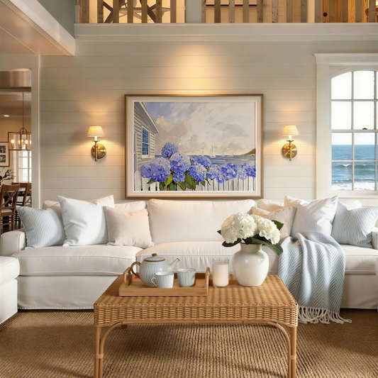 Coastal Cottage Garden Nantucket Harbour Sailboat Watercolor Illustration
