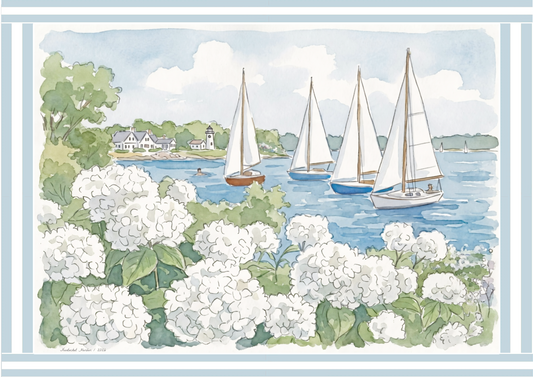 Nantucket Harbor Sailboat Watercolor Art White Hydrangea Coastal Wall Art Nantucket Harbor Artwork
