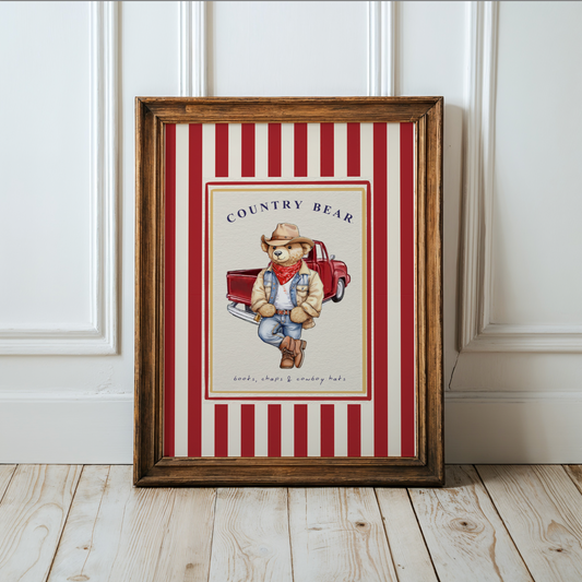 Country Bear Vintage Striped Truck Illustration, Cowboy Bear Artwork
