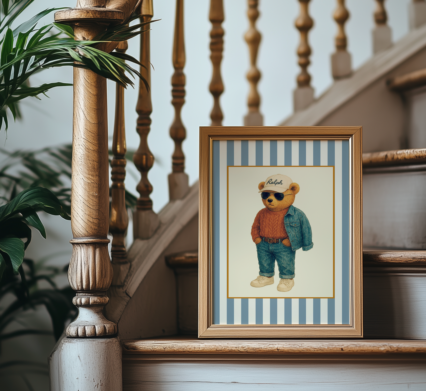 Vintage Striped Preppy Bear Print, Coastal Cape Cod Illustration, Hamptons Artwork