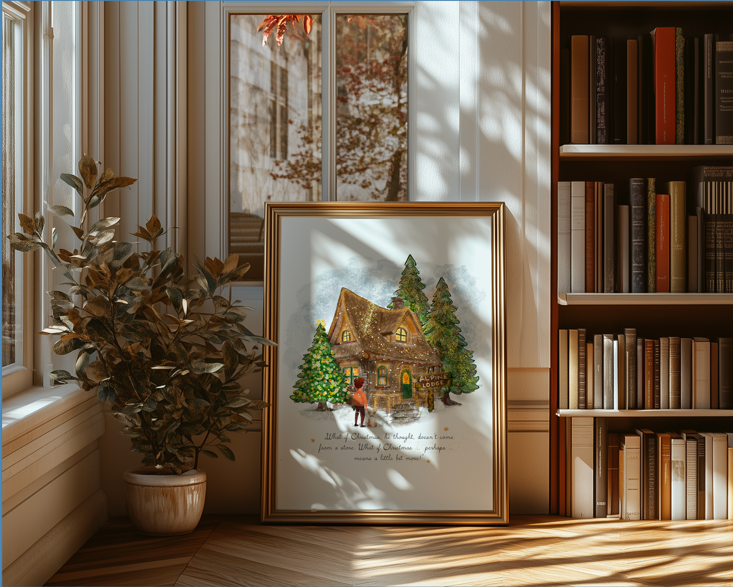 Alpine Lodge Holiday Art, Snowy Christmas Cottage Illustration, Holiday Decor Print
