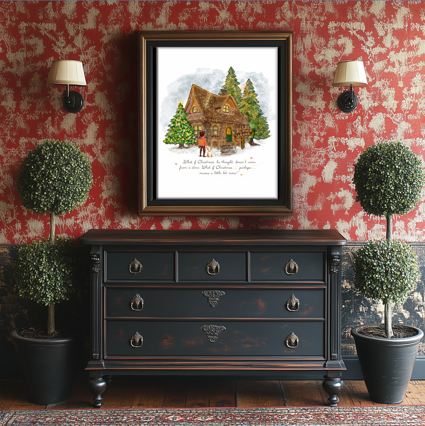 Alpine Lodge Holiday Art, Snowy Christmas Cottage Illustration, Holiday Decor Print