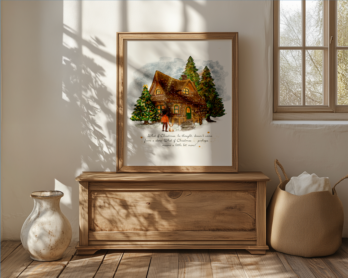 Alpine Lodge Holiday Art, Snowy Christmas Cottage Illustration, Holiday Decor Print