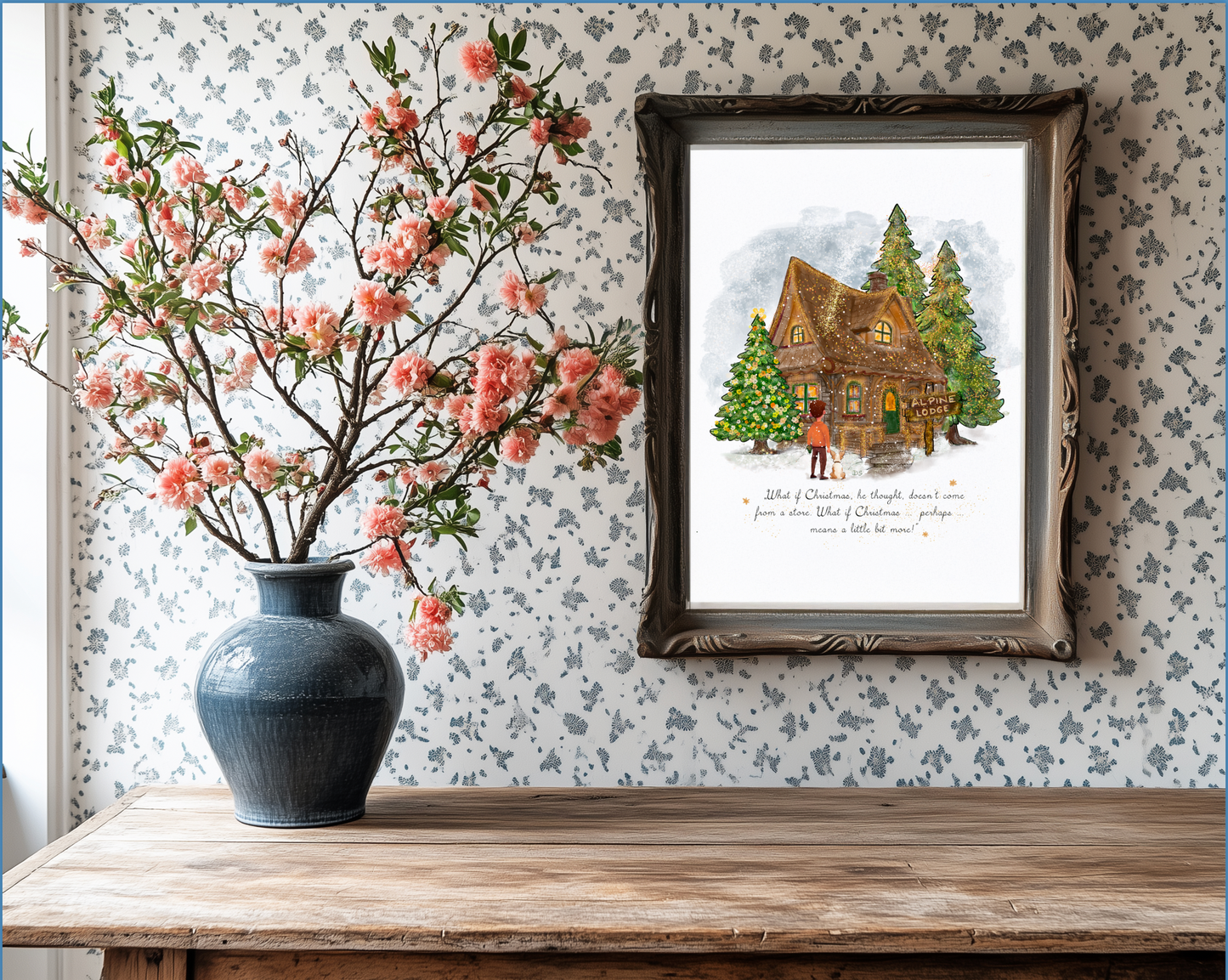 Alpine Lodge Holiday Art, Snowy Christmas Cottage Illustration, Holiday Decor Print