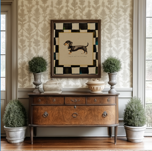Dachshund Sausage Dog Print, Black and White Check Wall Art, Dachshund Illustration, Sausage Dog Artwork