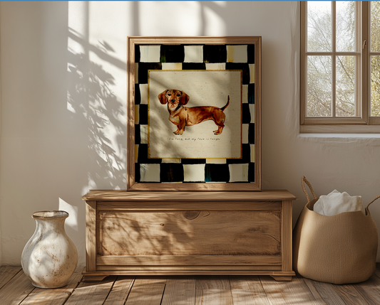 Brown Dachshund Print, Black and White Check Wall Art, Sausage Dog Illustration, Dachshund Artwork