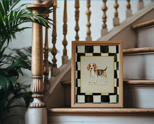Beagle Dog Print, Black and White Check Wall Art, Beagle Illustration, Dog Lover Artwork