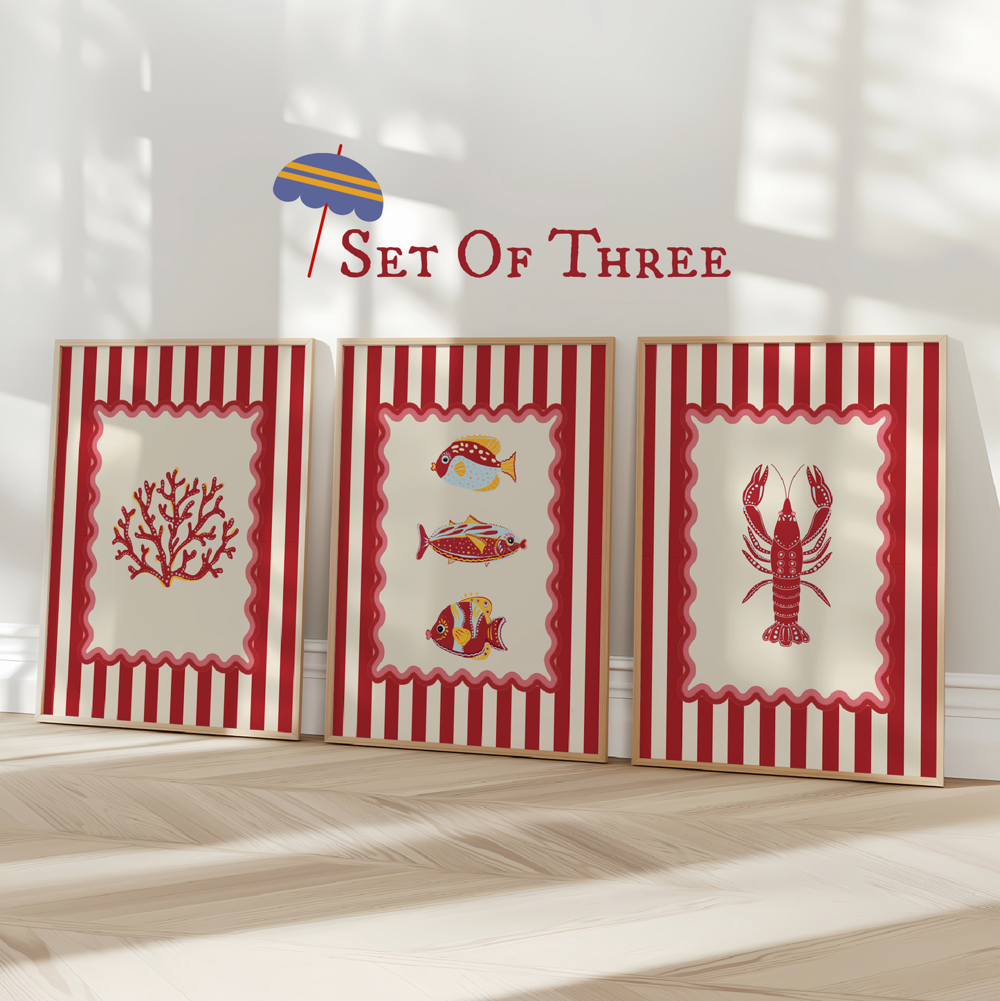 Lobster, Sardines & Coral Wall Art. Gallery Print Set of 3 - Nantucket Red