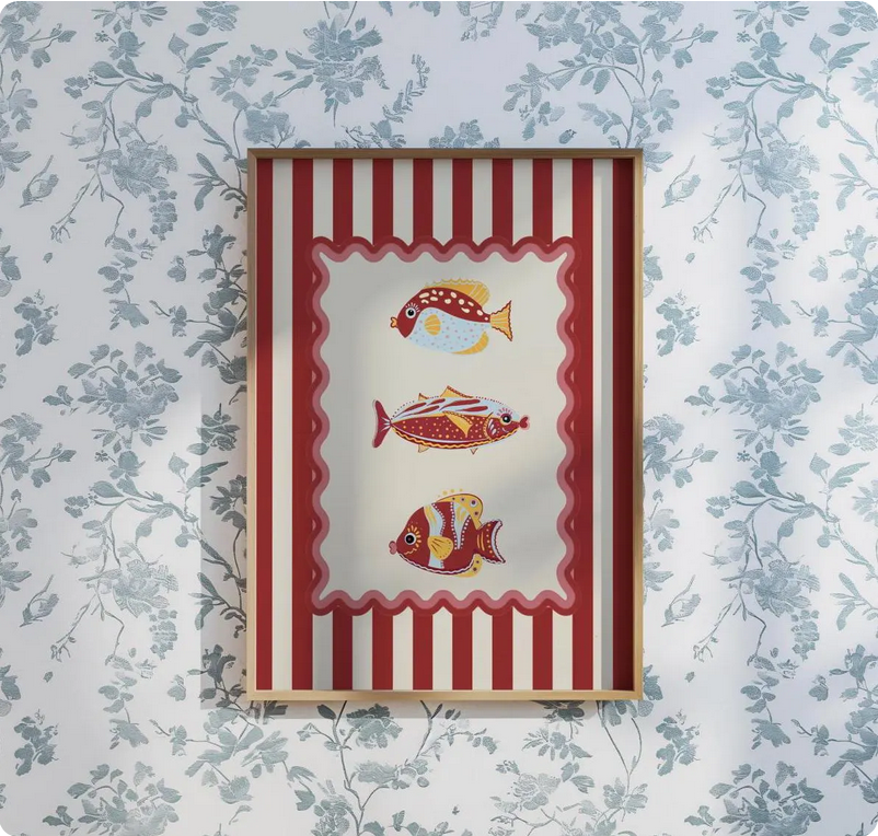Lobster, Sardines & Coral Wall Art. Gallery Print Set of 3 - Nantucket Red