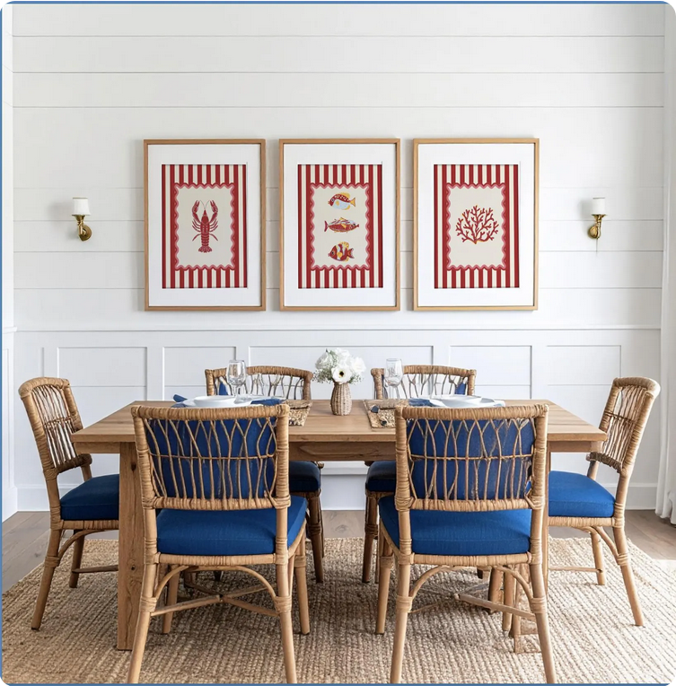 Lobster, Sardines & Coral Wall Art. Gallery Print Set of 3 - Nantucket Red