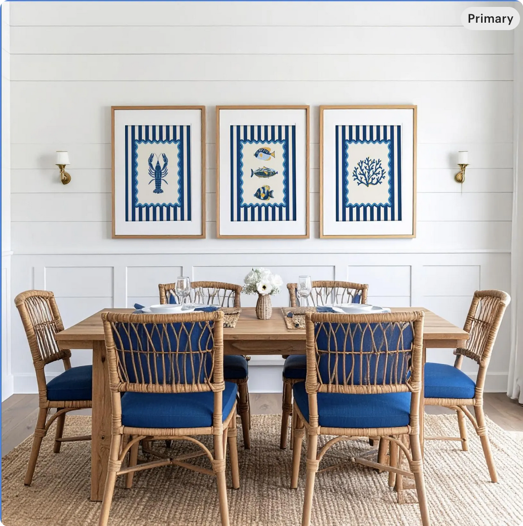 Lobster Coastal Print Blue Striped Artwork Lobster Wall Art