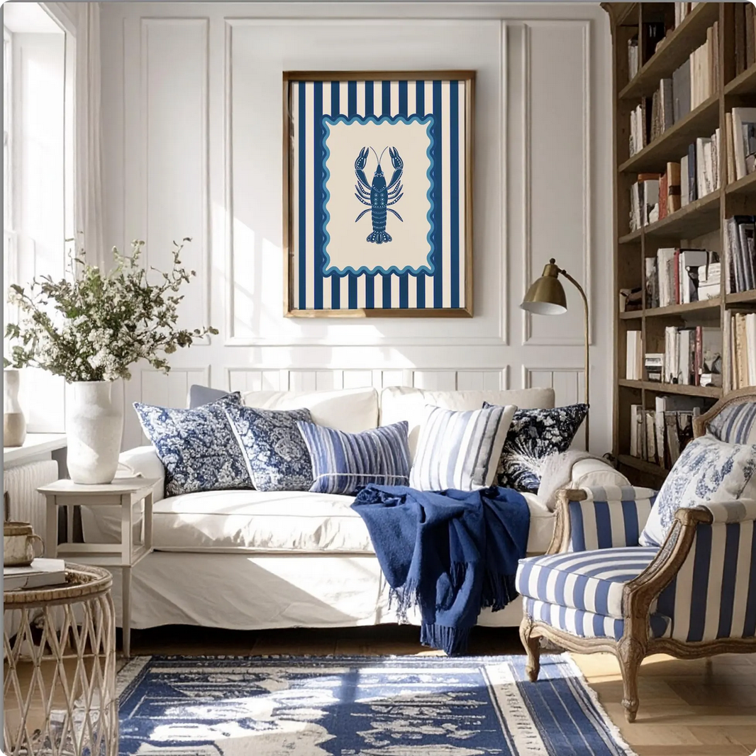 Lobster Coastal Print Blue Striped Artwork Lobster Wall Art