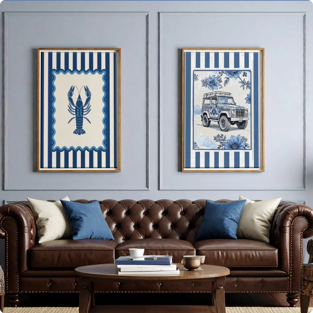 Lobster Coastal Print Blue Striped Artwork Lobster Wall Art