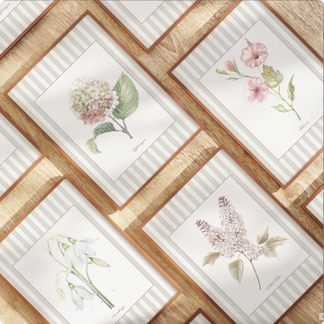 Hydrangea Watercolor Print on Striped Background