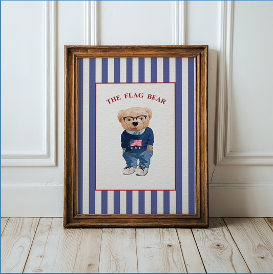 Vintage Flag Bear Wall Art, Watercolor Preppy Teddy Bear Illustration