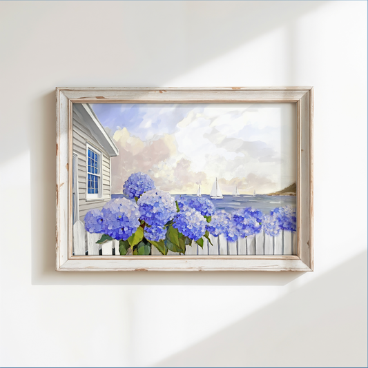 Coastal Cottage Garden Nantucket Harbour Sailboat Watercolor Illustration
