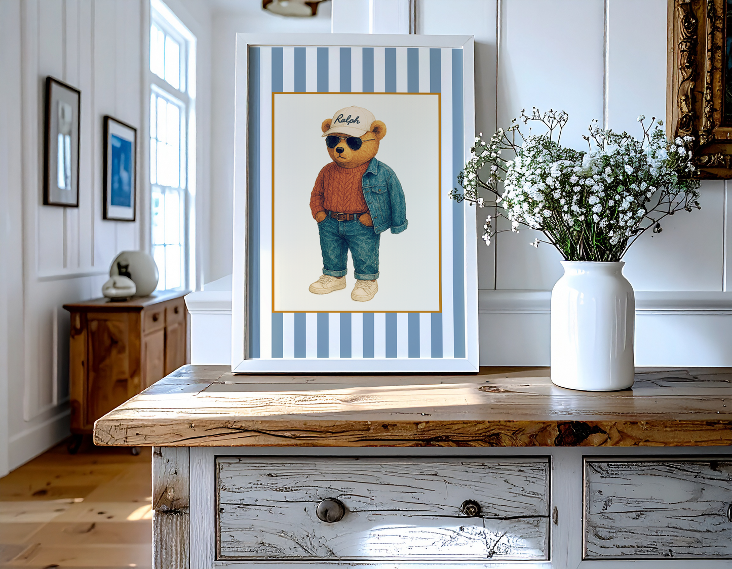 Vintage Striped Preppy Bear Print, Coastal Cape Cod Illustration, Hamptons Artwork