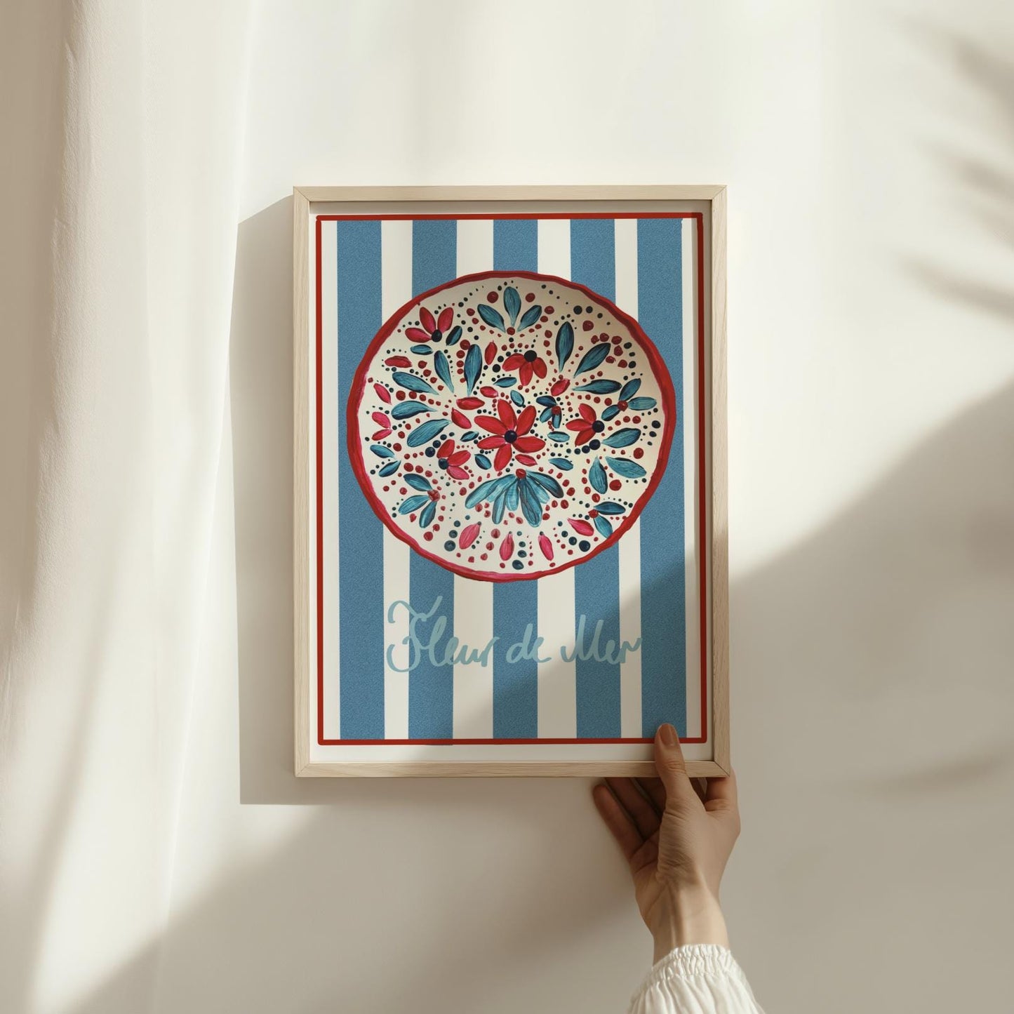 Modern Floral Wall Art Colorful Blue And White Striped Artwork