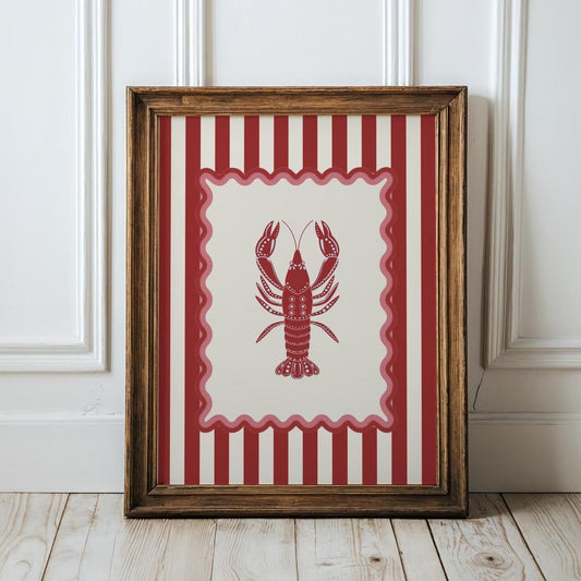 Lobster Print Striped Artwork Nautical Kitchen Wall Art