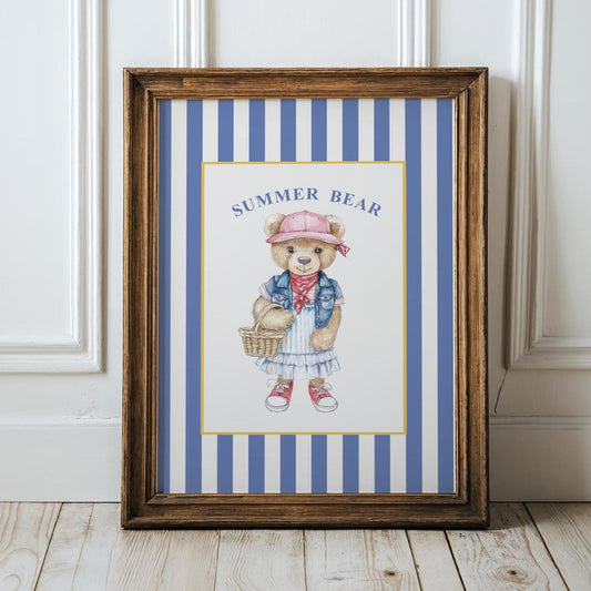Vintage Bear Girl Striped Wall Art