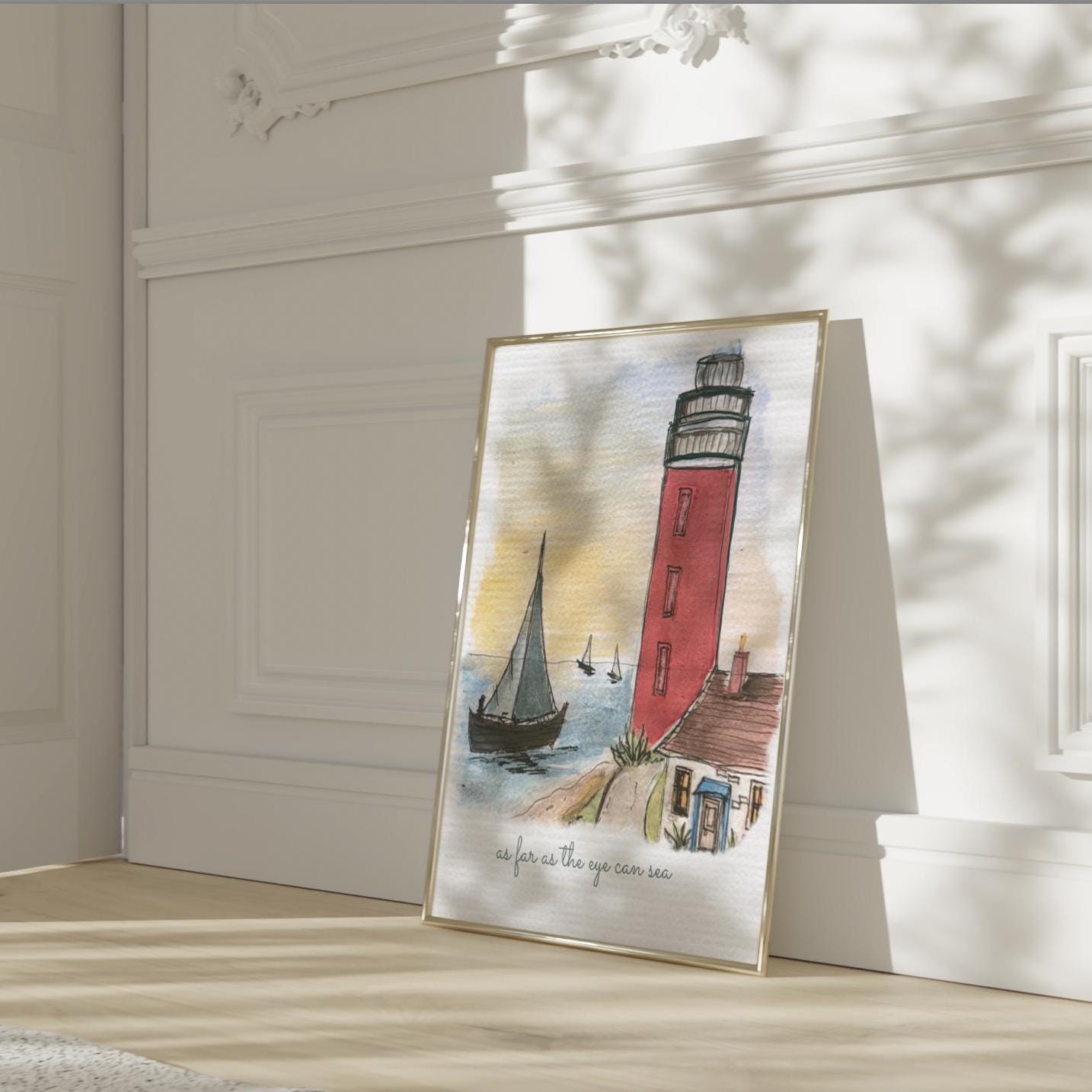 Lighthouse Wall Art Coastal Print Hamptons Nantucket Artwork Seascape Watercolor