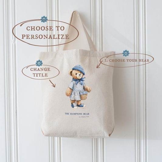 Personalized Tote Bear Bag Cotton Tote Bear Beach Tote, Hamptons Aesthetic Preppy Bag Coastal Grandma
