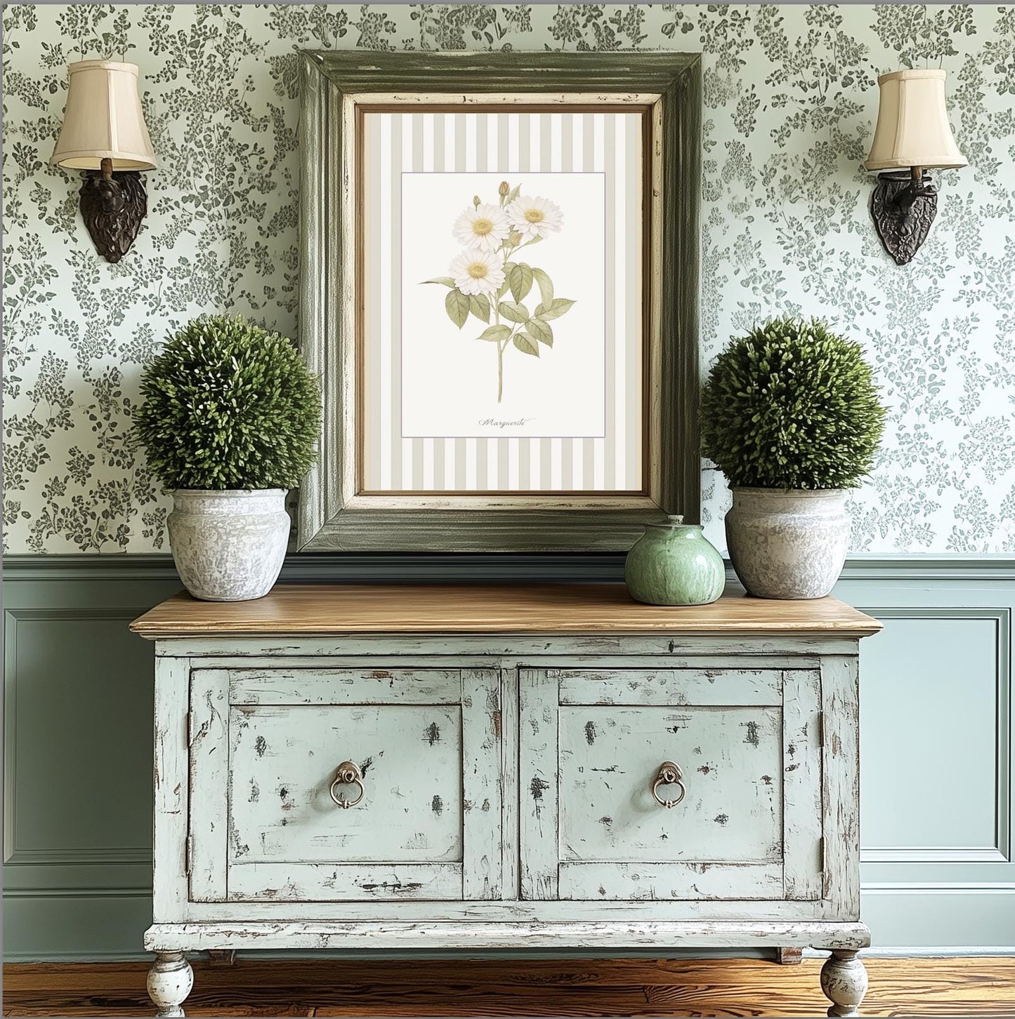 Marguerite Wall Art Botanical Illustration Vintage Flowers Striped Artwork