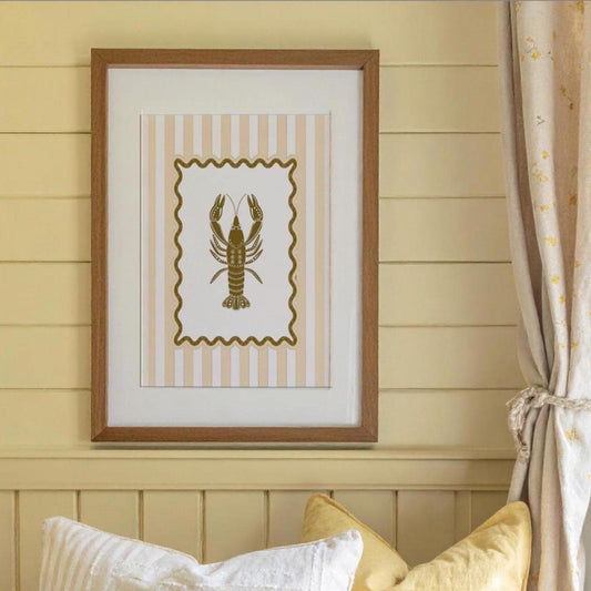 Lobster Sunshine Yellow Striped Wall Art Coastal Print Illustration Coastal Cottage Aesthetic
