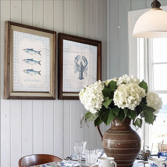 Lobster Wall Art Coastal Seaside Print Gingham Blue White Artwork