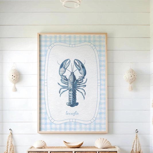 Lobster Wall Art Coastal Seaside Print Gingham Blue White Artwork