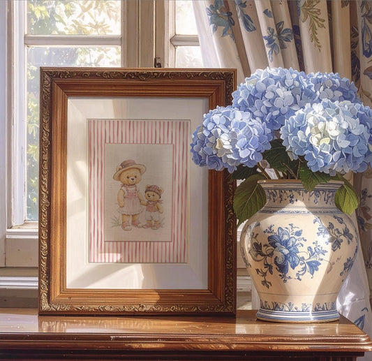 Pink Striped Bear Girl Watercolor Illustration