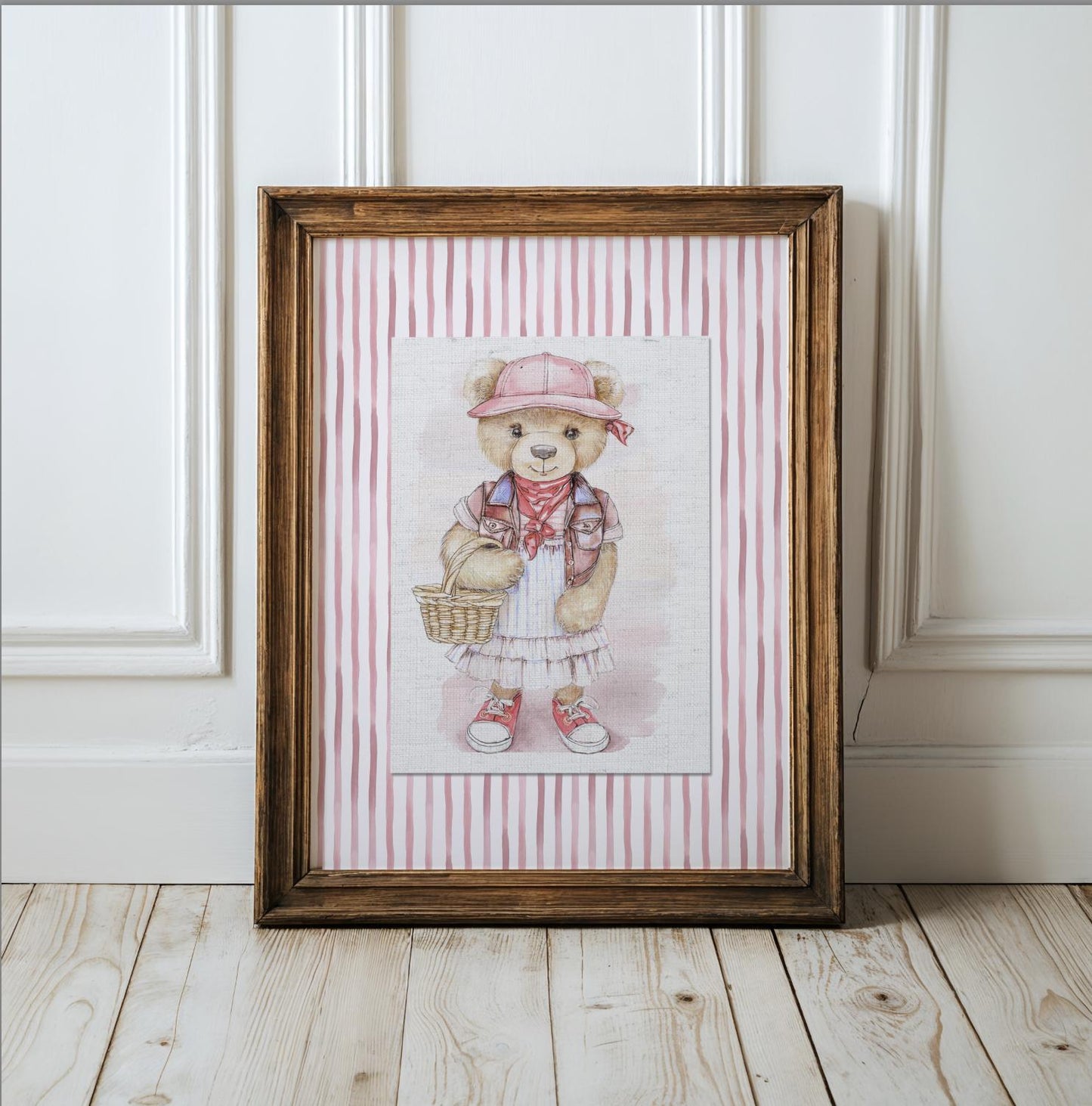Pink Striped Wall Art Set Of 3 Bear Prints Nursery Room Decor