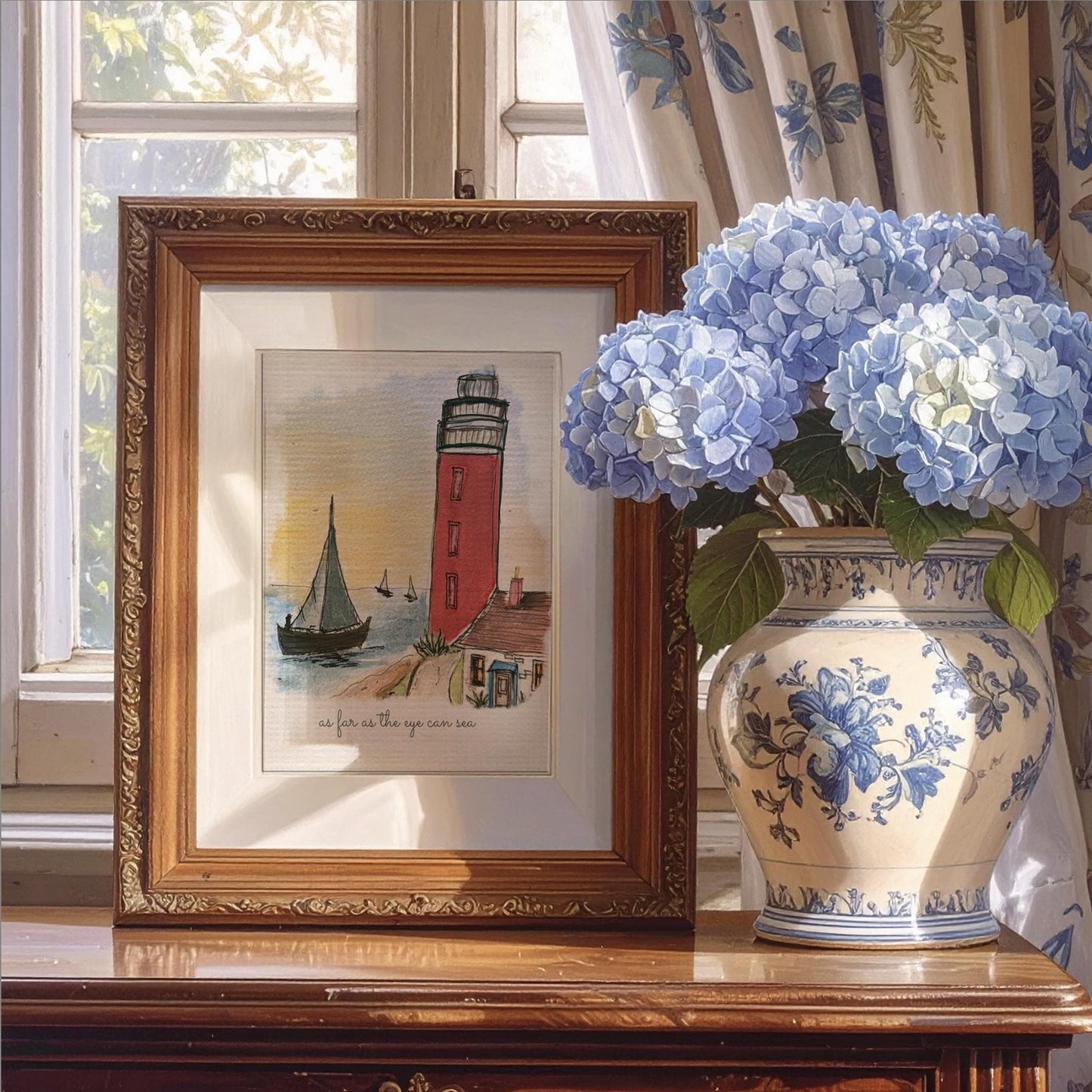 Lighthouse Wall Art Coastal Print Hamptons Nantucket Artwork Seascape Watercolor