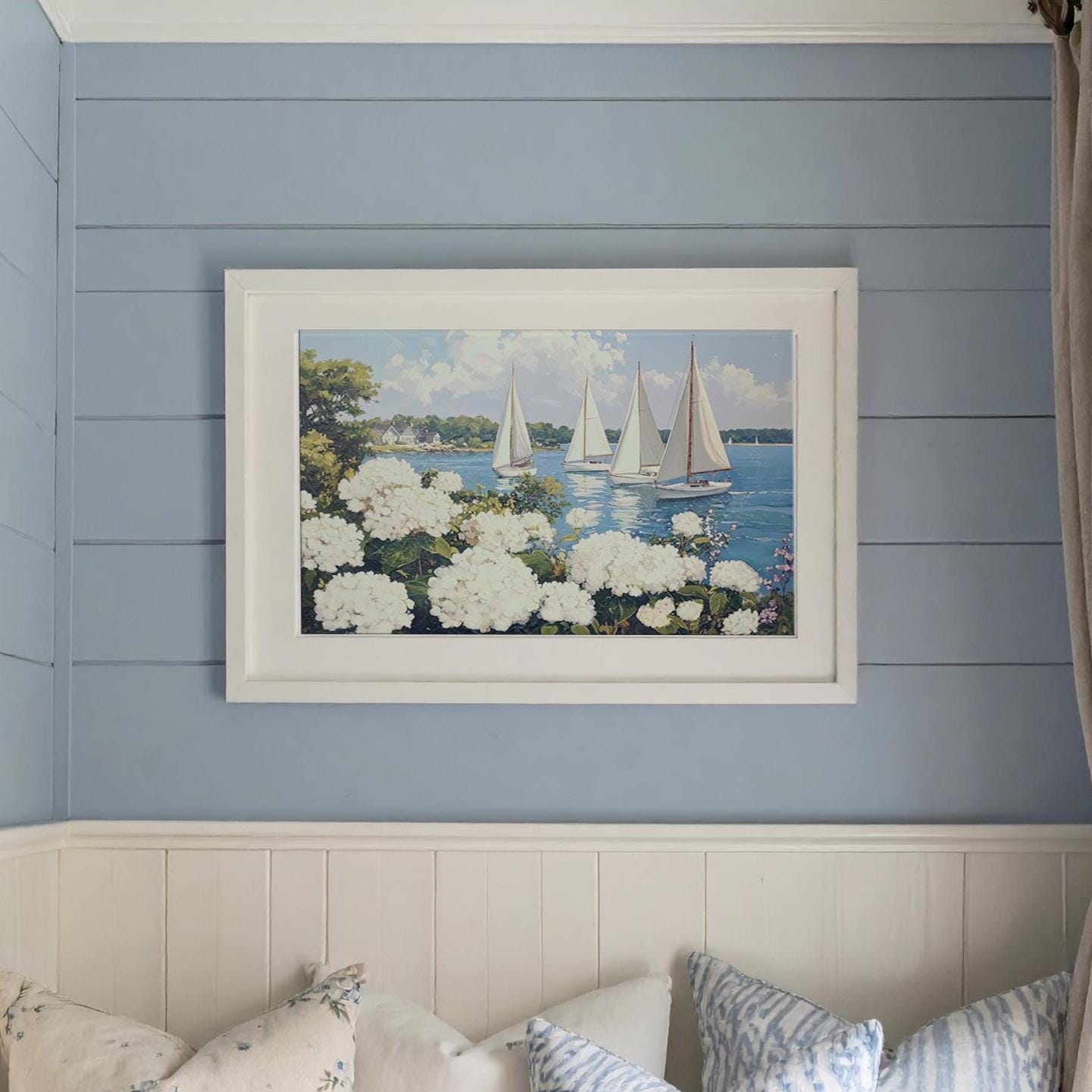 Nantucket Harbor Sailboat Art White Hydrangea Coastal Wall Art Nantucket Harbor Artwork