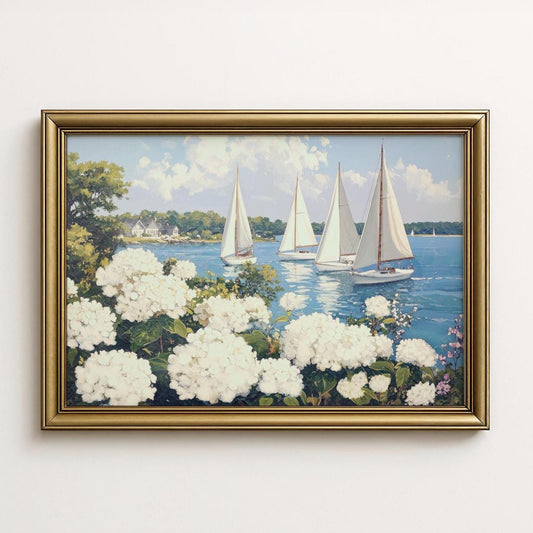 Nantucket Harbor Sailboat Art White Hydrangea Coastal Wall Art Nantucket Harbor Artwork