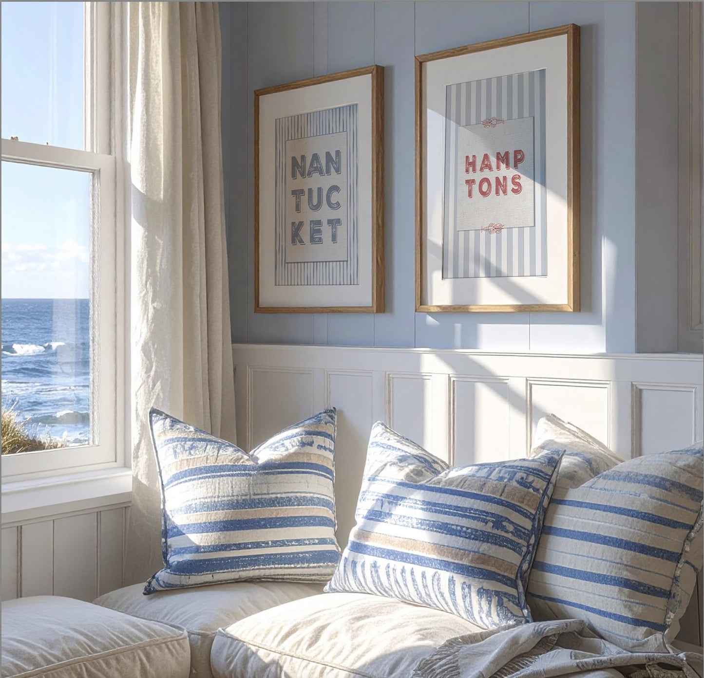 Hamptons Print Striped Coastal Wall Decor Travel Artwork Preppy Wall Art