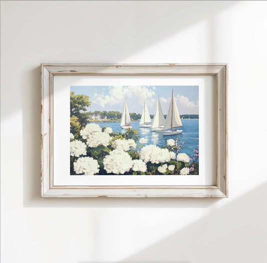 Nantucket Harbor Sailboat Art White Hydrangea Coastal Wall Art Nantucket Harbor Artwork