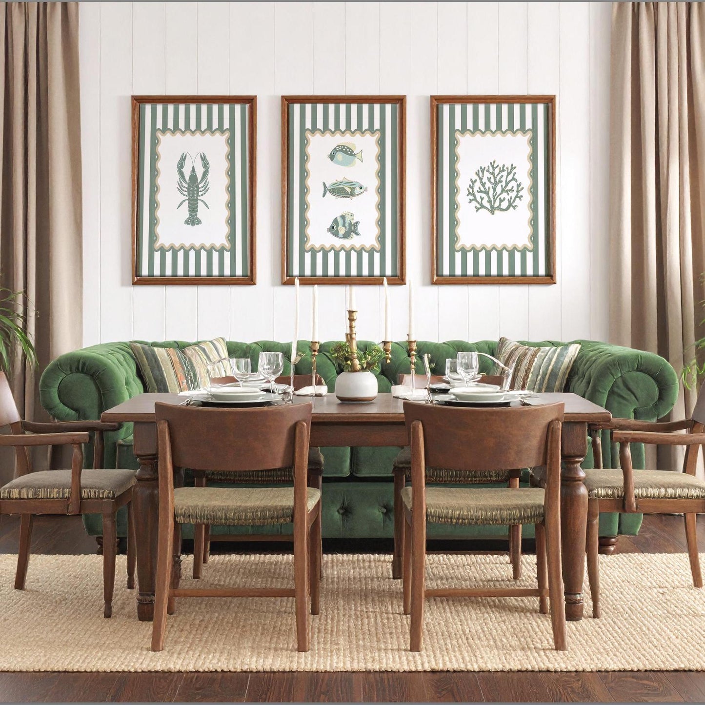 Striped Wall Art Lobster Coastal Print in Sage Green