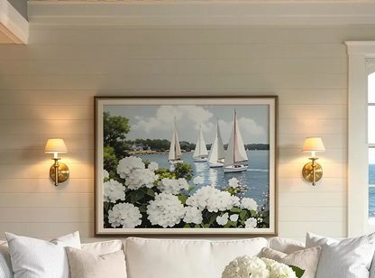 Nantucket Harbor Sailboat Art White Hydrangea Coastal Wall Art Nantucket Harbor Artwork