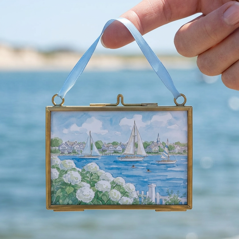 Hand holding a small framed artwork of a coastal scene with boats against a blurred ocean background.