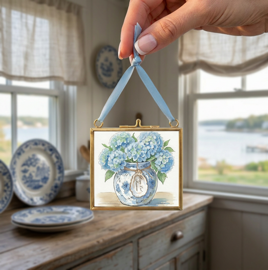 Hydrangea Ginger Jar Art Print Cape Cod Coastal Decor Mini Brass Frame New England Beach House Wall Art