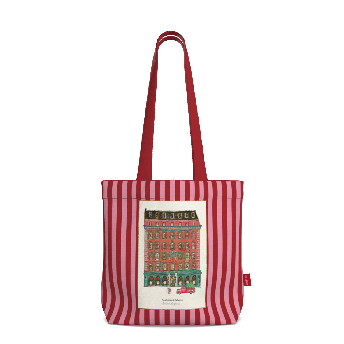 Everyday Tote Bag, Fortnum & Mason Storefront Illustration, London Store Watercolor Artwork on Striped Background