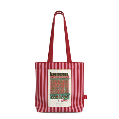Everyday Tote Bag, Fortnum & Mason Storefront Illustration, London Store Watercolor Artwork on Striped Background
