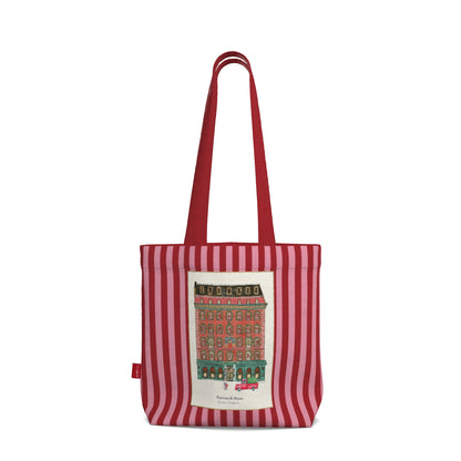 Everyday Tote Bag, Fortnum & Mason Storefront Illustration, London Store Watercolor Artwork on Striped Background